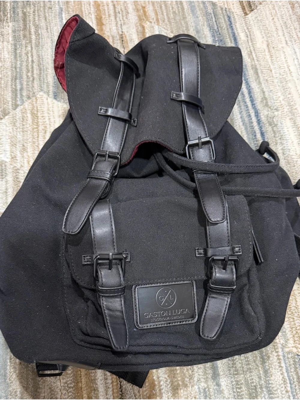 Black Canvas Backpack with Leather Trim
